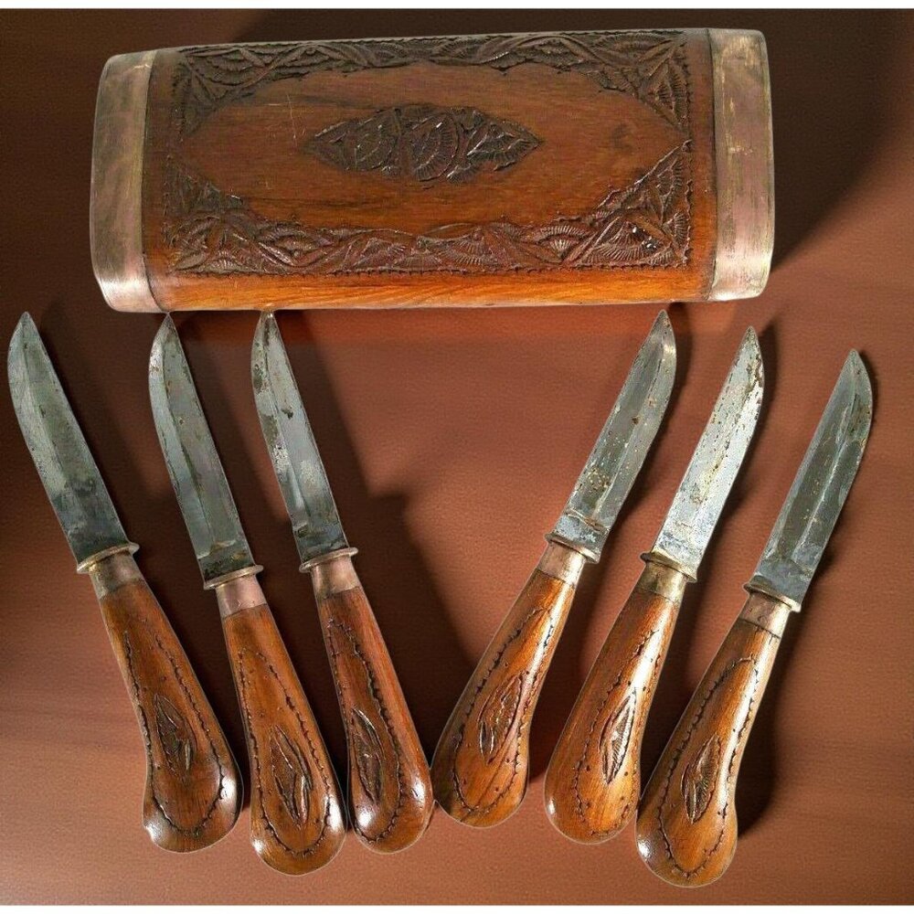 Antique 6 Handcarved Knife Set Handmade in Indie With Brass & Rosewood.